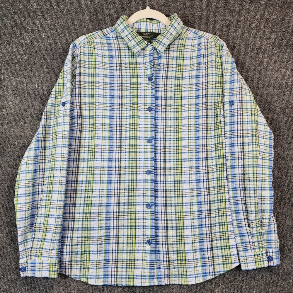 Woolrich Womens XL Coastal Preppy Outdoor Travel Plaid Roll Tab Shirt XL - Picture 2 of 16